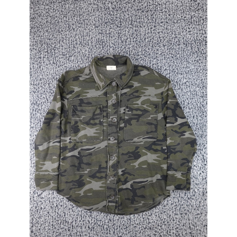 t.la Button Down‎ Shirt Womens Small Green Camo Raw Edge French Terry Cotton